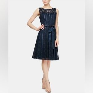NWT, SLNY Fashions Navy Sleeveless Lace Dress with Satin Strapping